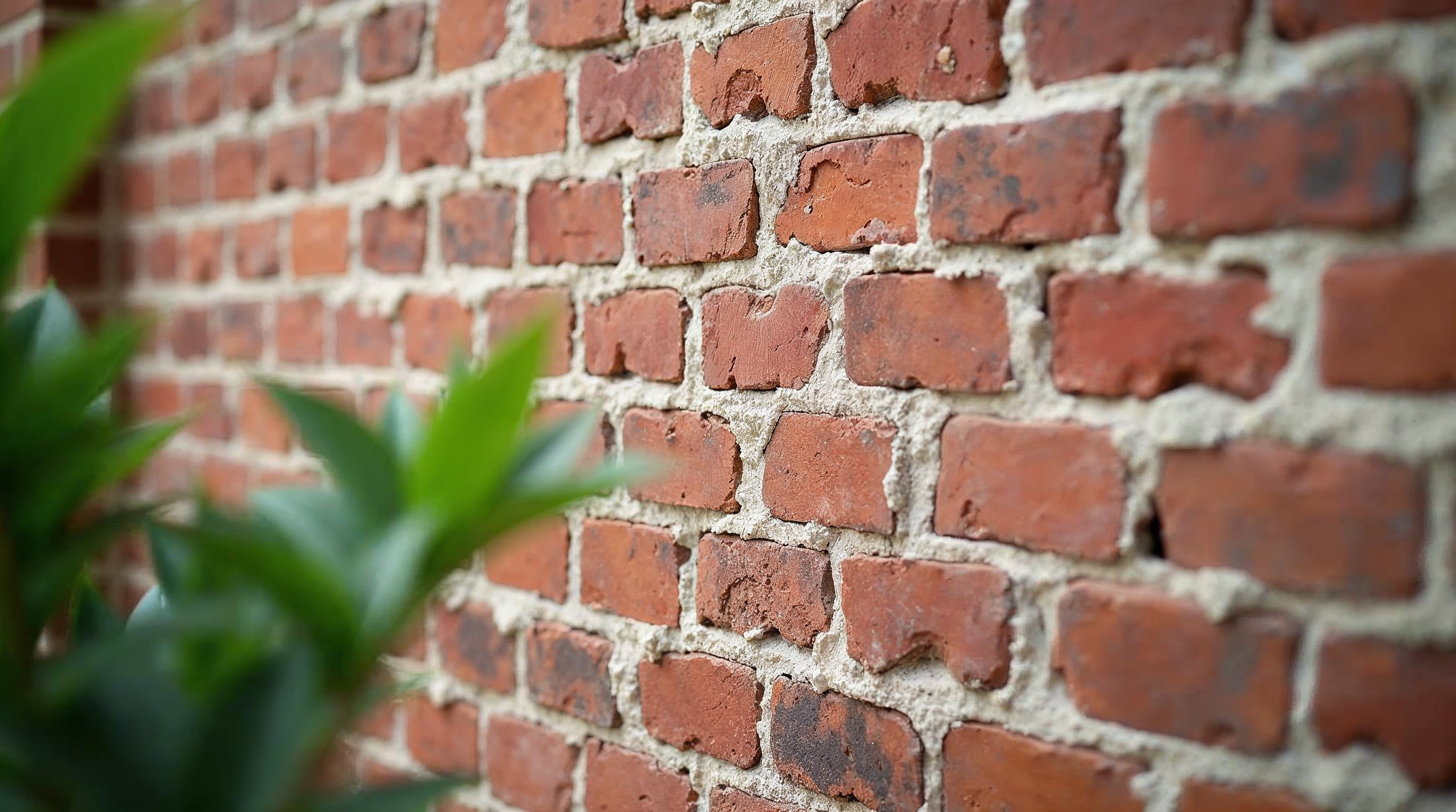 Nærbillede af en rød murstensvæg med nye, lyse fuger, der illustrerer miljøvenlig omfugning, med grønne planter i forgrunden.